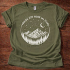 Military Green Christian t-shirt with mountain moon and stars design reading Praise Him Moon and Stars Psalm 148:3