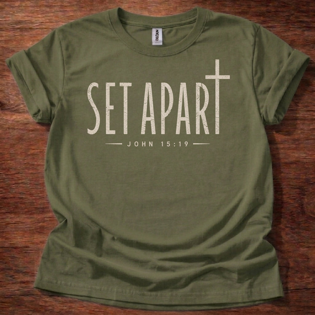 Military Green Set Apart Christian t-shirt with simple cross and John 15:19 scripture design