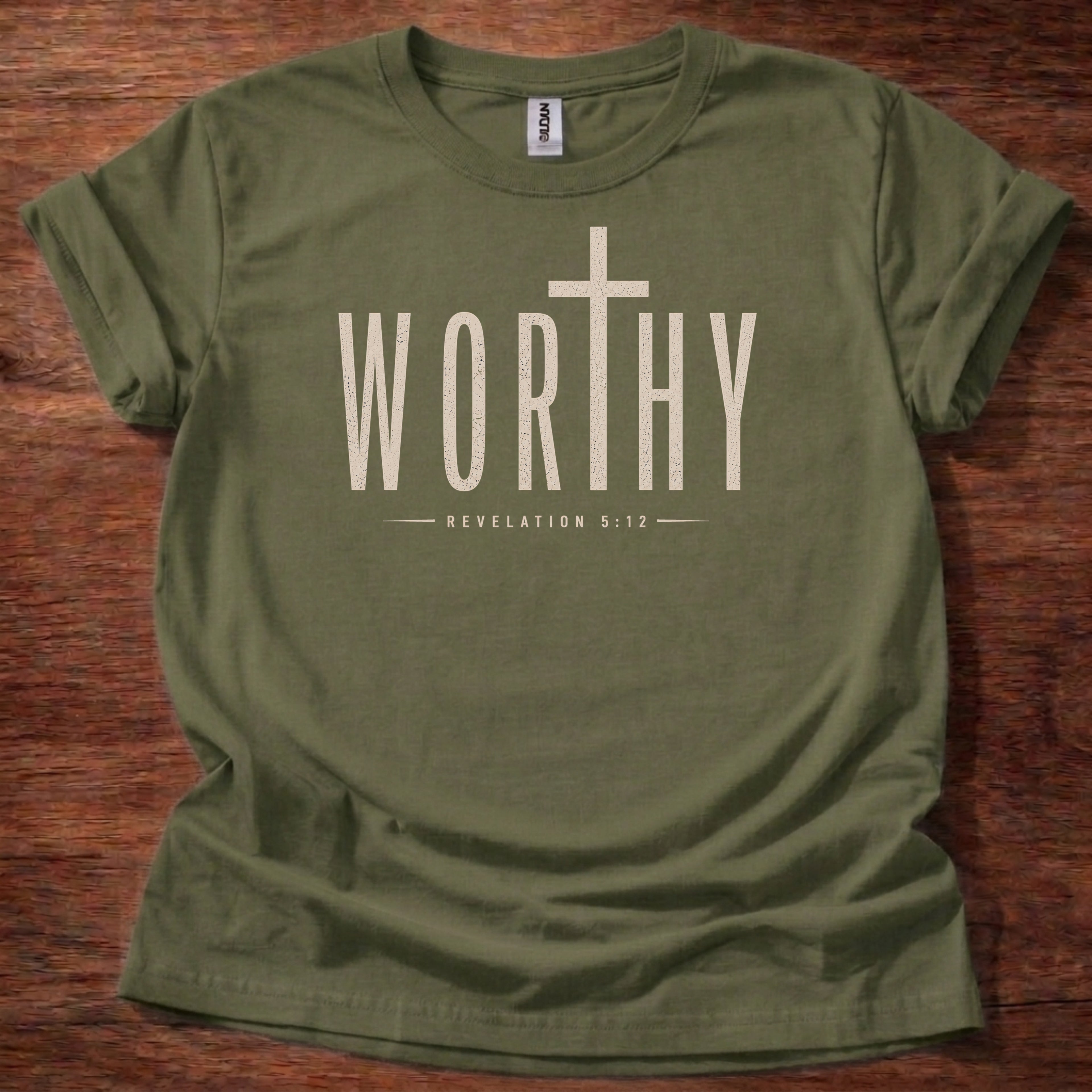 Military Green Worthy Christian t-shirt with cross design inspired by Revelation 5:12 worship message