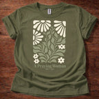 Military Green  t-shirt featuring a floral design with the phrase “A Praying Woman” printed on the front