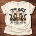 Natural Cow Math He Counts Them All Christian cow shirt with three cows graphic on white t-shirt, Matthew 10:29-31 Bible verse design