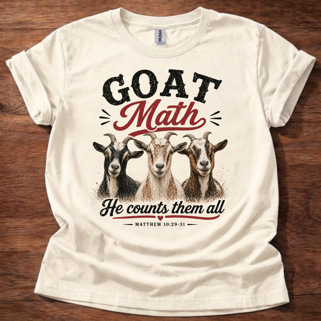 Natural Goat Math He Counts Them All Christian goat shirt with three goats graphic on beige t-shirt, Matthew 10:29-31 Bible verse design