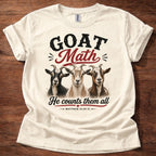 Natural Goat Math He Counts Them All Christian goat shirt with three goats graphic on beige t-shirt, Matthew 10:29-31 Bible verse design