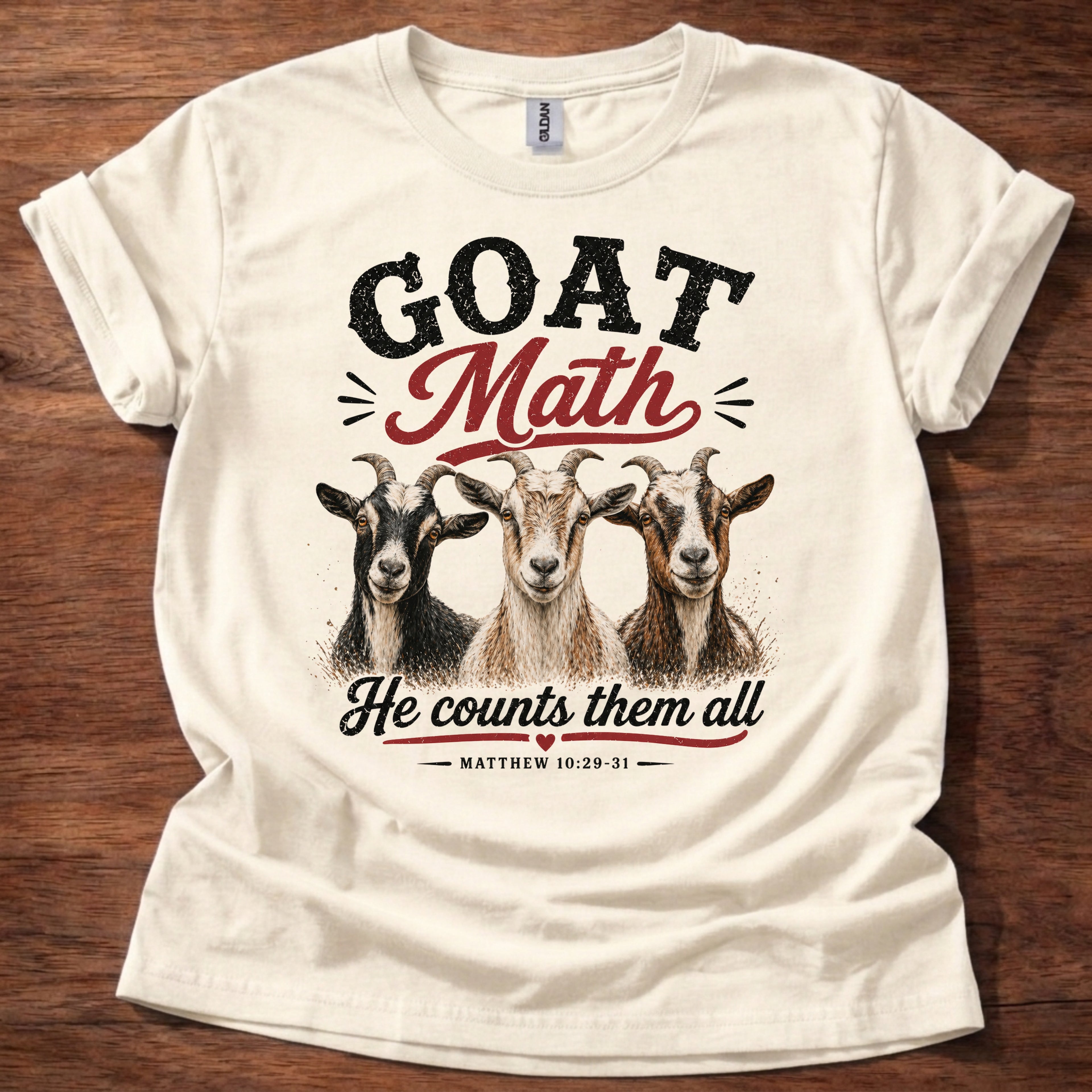 Natural Goat Math He Counts Them All Christian goat shirt with three goats graphic on beige t-shirt, Matthew 10:29-31 Bible verse design