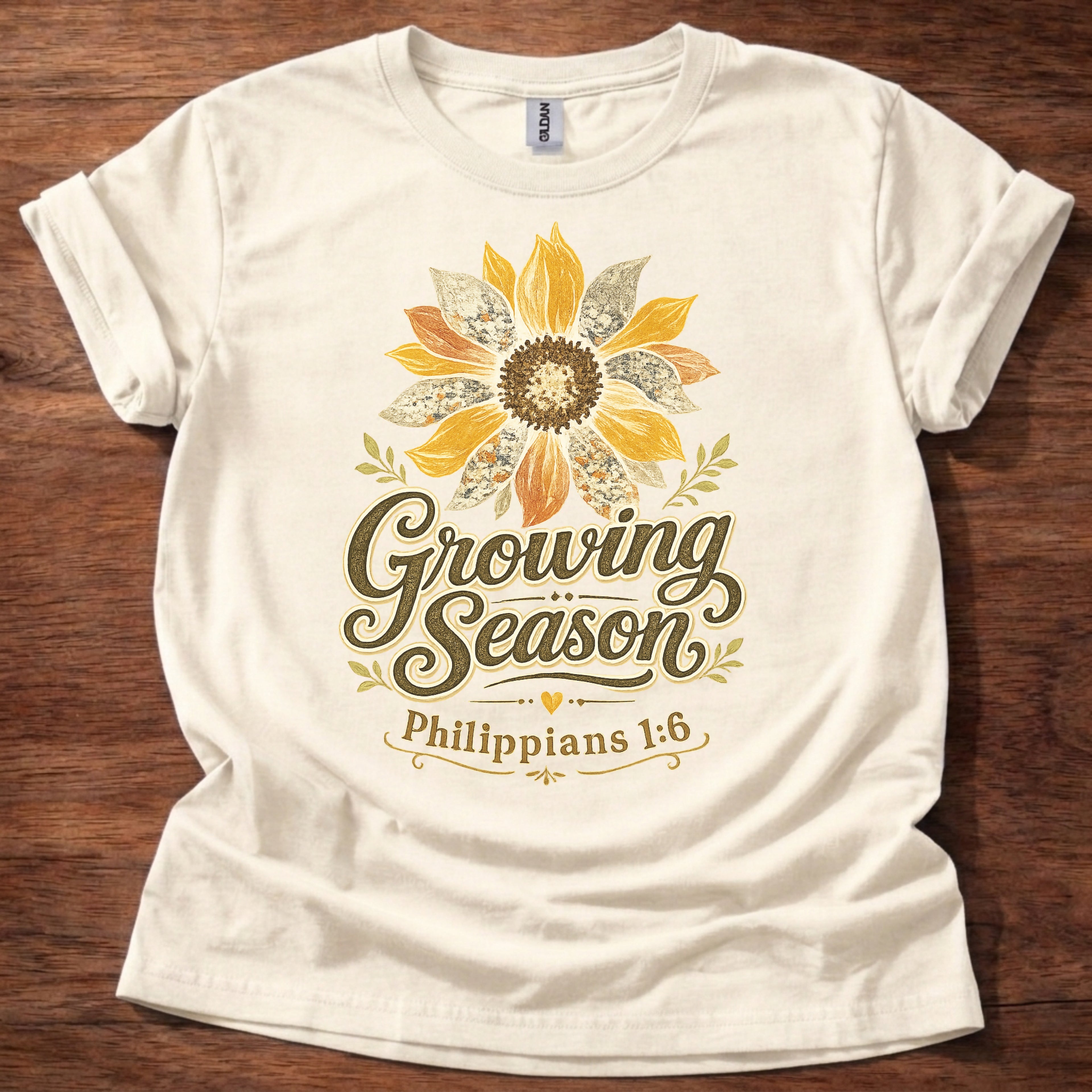 Natural Growing Season Christian t-shirt with sunflower graphic and Philippians 1:6 scripture design