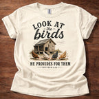 Natural Look at the Birds He Provides for Them Christian chicken shirt with rustic chicken coop graphic on beige t-shirt, Matthew 6:26 Bible verse design