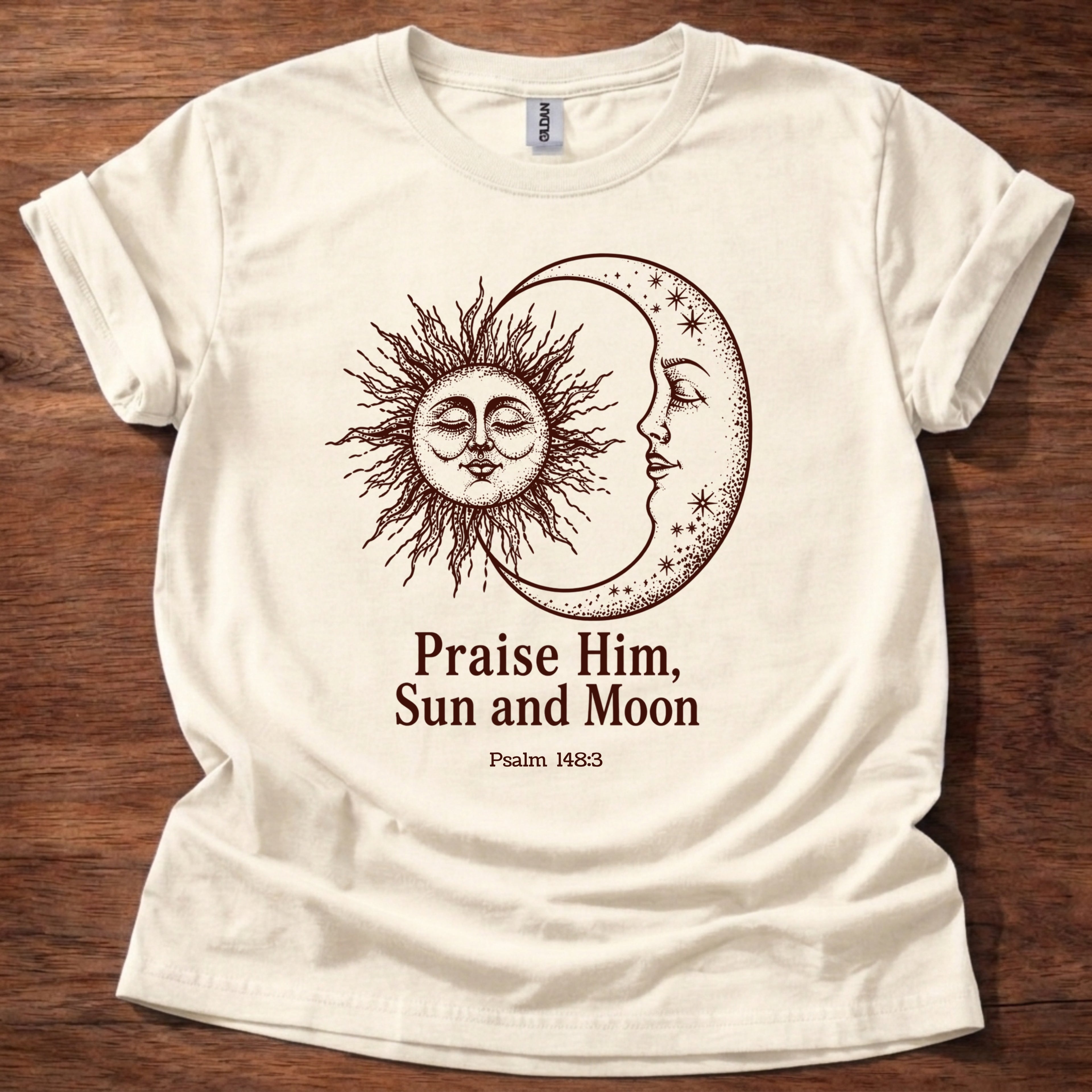 Natural t-shirt featuring a sun and moon celestial design with the text “Praise Him, Sun and Moon Psalm 148:3” printed on the front