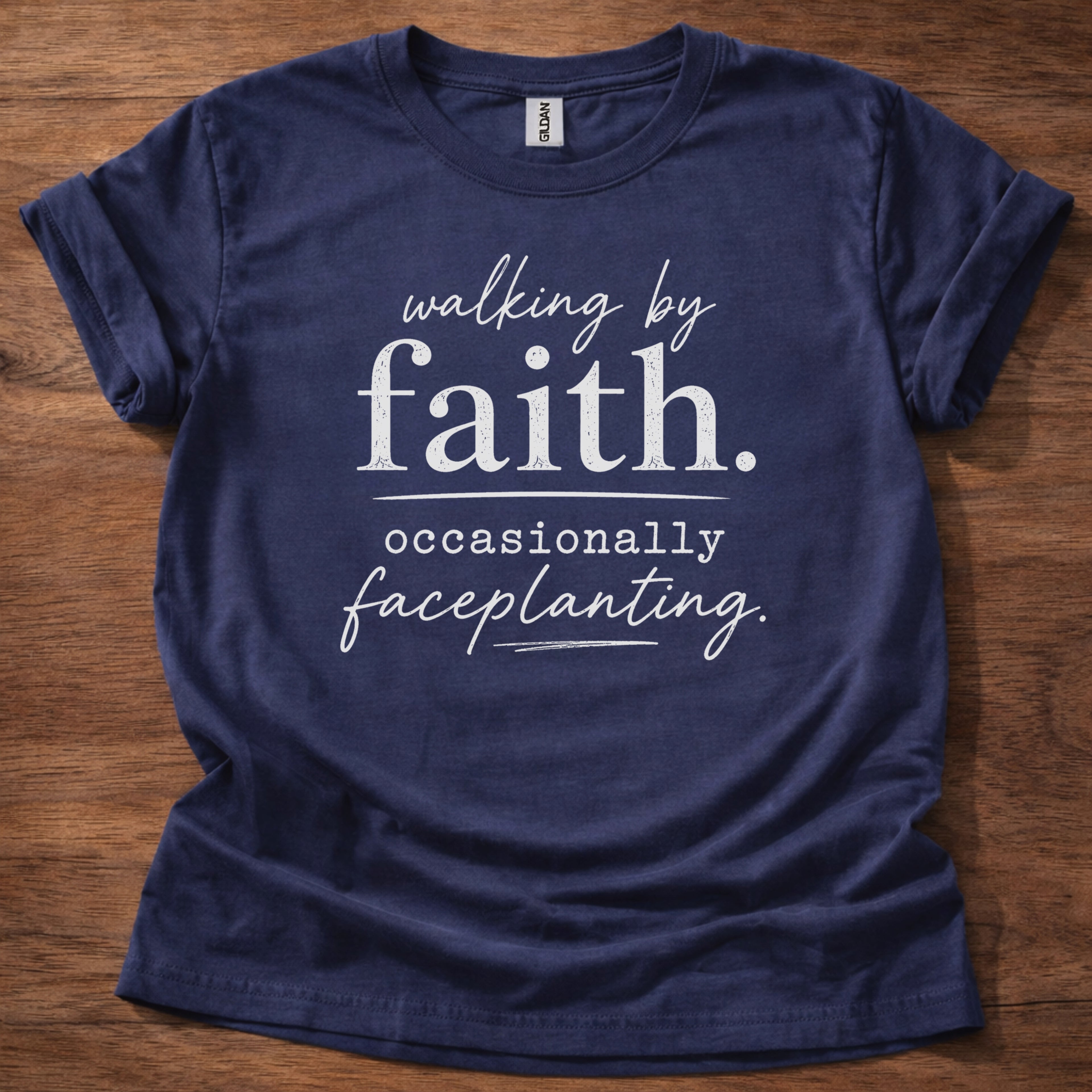 Navu Walking by Faith Faceplanting T-Shirt | Funny Christian Shirt