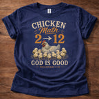 Navy Chicken Math God Is Good Christian chicken shirt inspired by Philippians 4:19 with hen and chicks graphic design