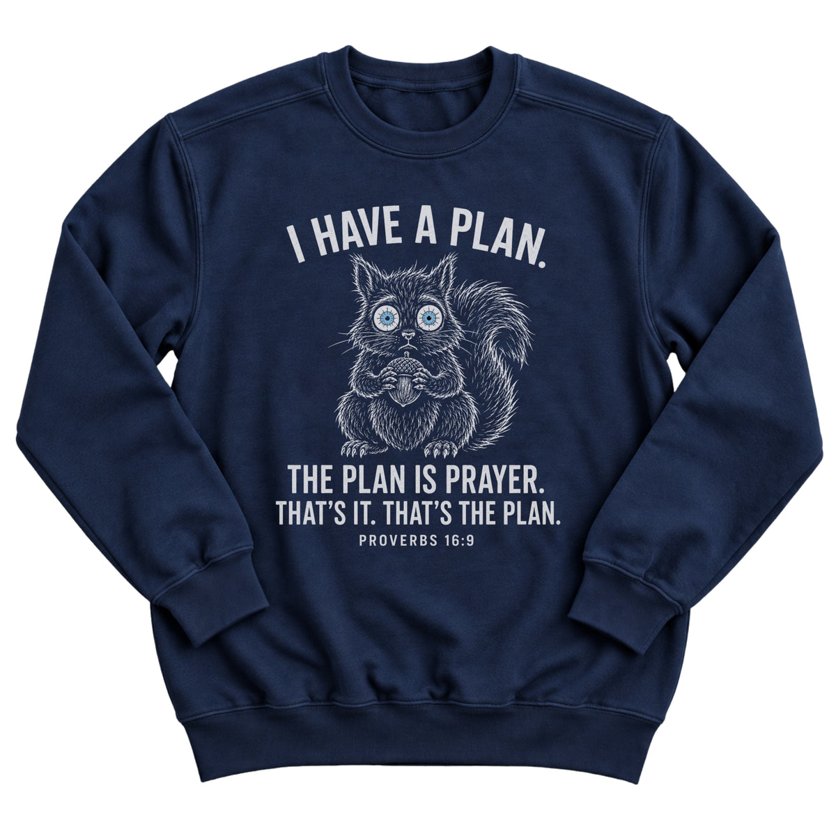 Navy crewneck sweatshirt with a wide-eyed squirrel illustration and the words I Have A Plan. The Plan Is Prayer. That's It. That's The Plan. Proverbs 16:9