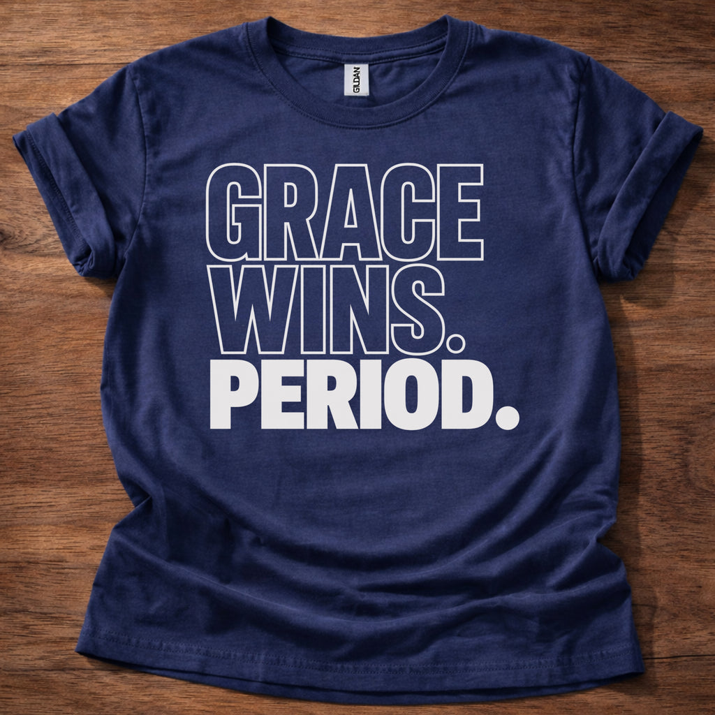 Navy Grace Wins Period Christian t-shirt with bold block lettering faith statement design
