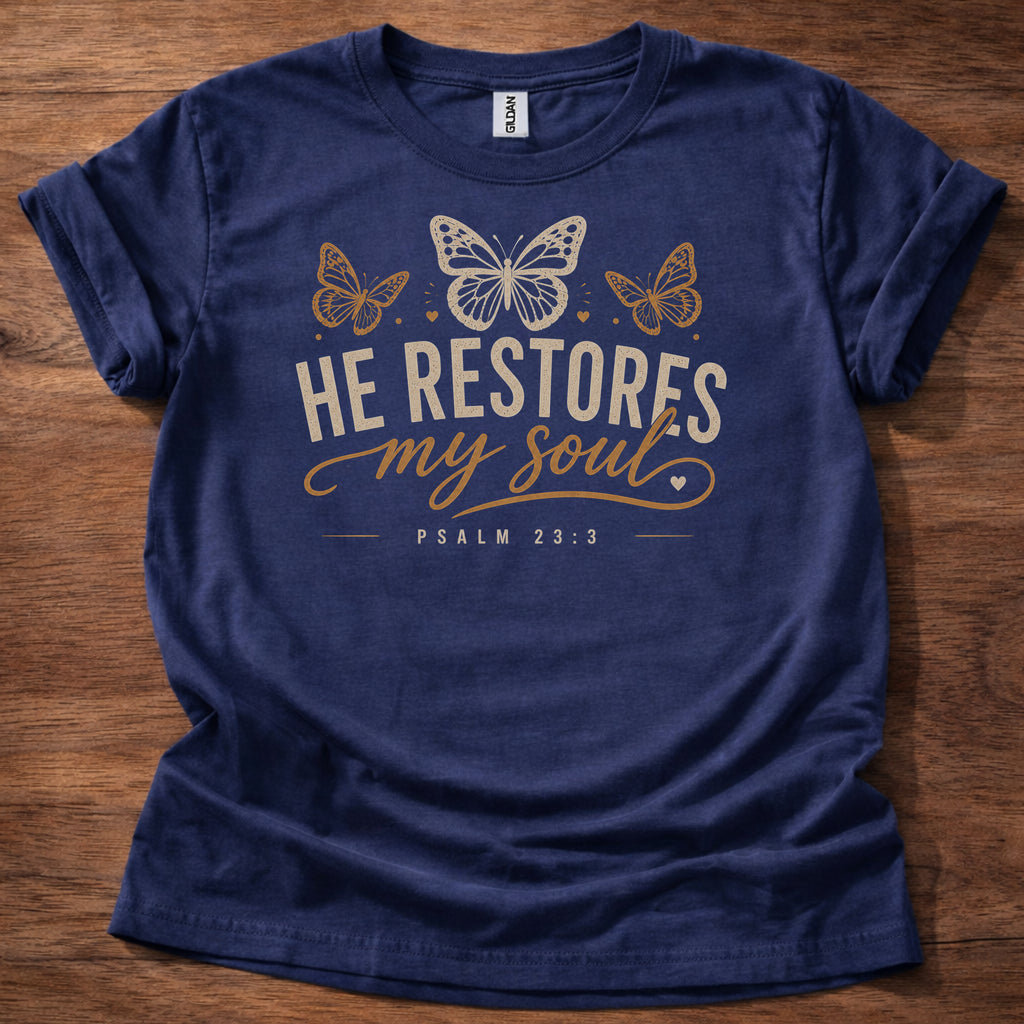 Navy He Restores My Soul Christian t-shirt with butterfly design and Psalm 23:3 scripture text