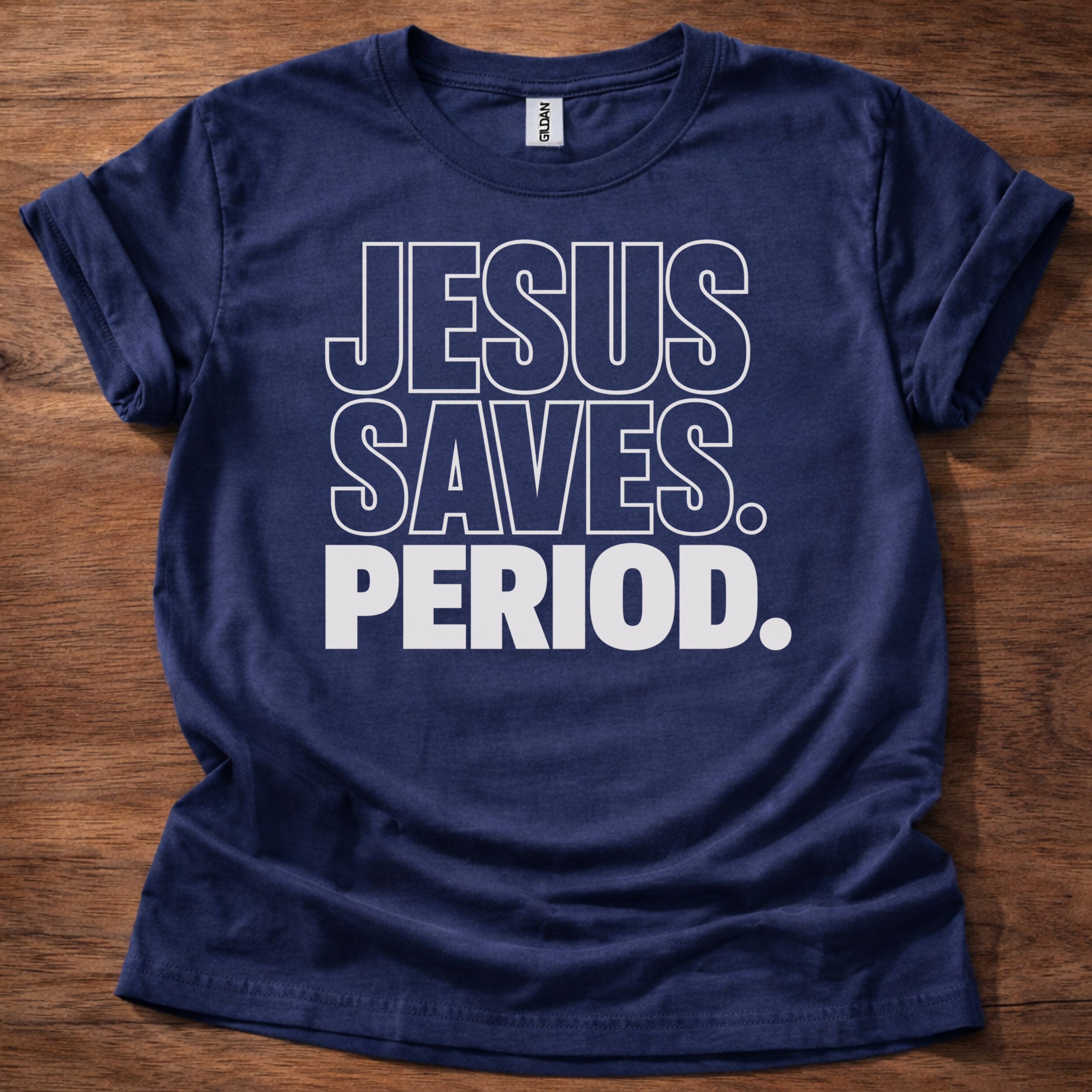Navy Jesus Saves Period Christian t-shirt with bold block lettering faith statement design