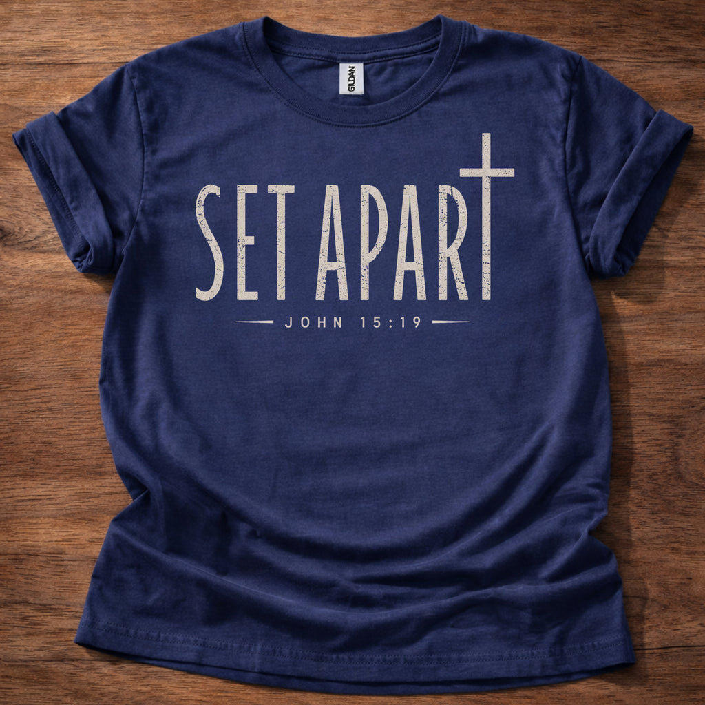 Navy Set Apart Christian t-shirt with simple cross and John 15:19 scripture design