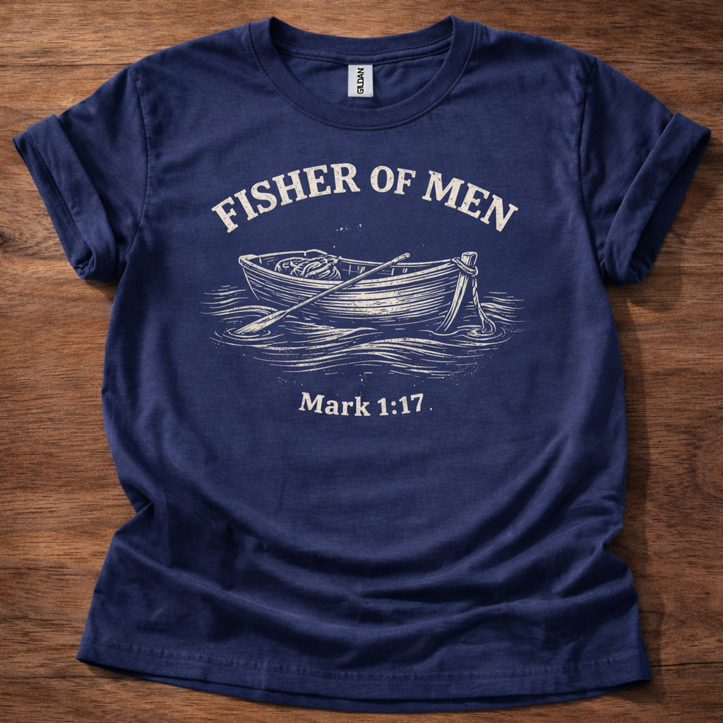 Navy: The Fisher of Men T-Shirt is a Christian graphic tee inspired by Mark 1:17, where Jesus calls His disciples to follow Him. A meaningful gift for Christian men, fishermen, or anyone answering God's call to discipleship.