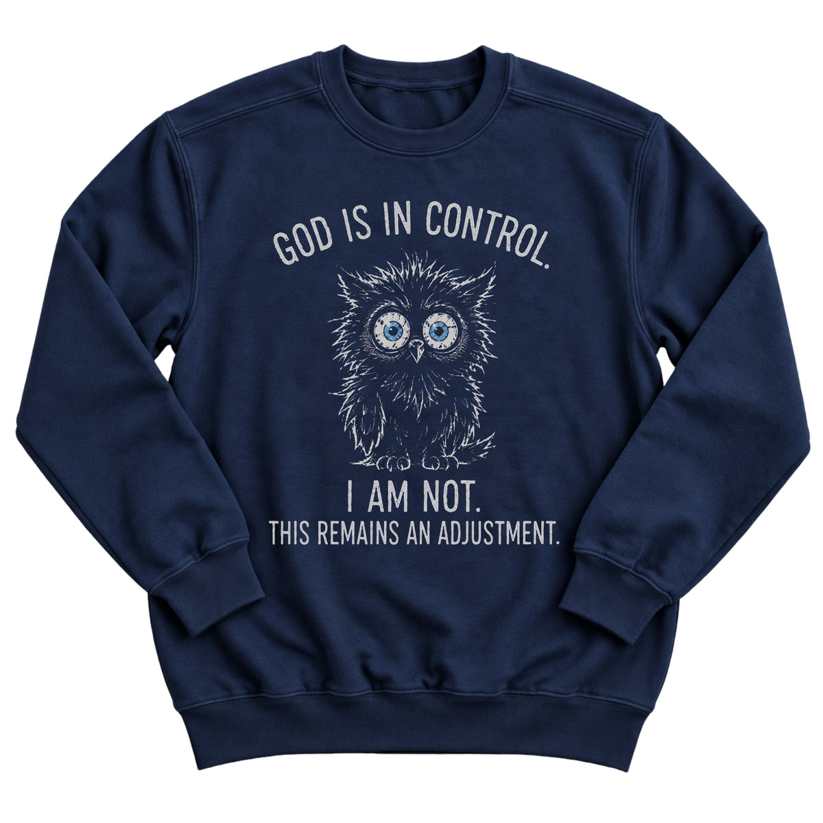 Navy crewneck sweatshirt with a fluffy, wide-eyed owl illustration and the words God Is In Control. I Am Not. This Remains An Adjustment.