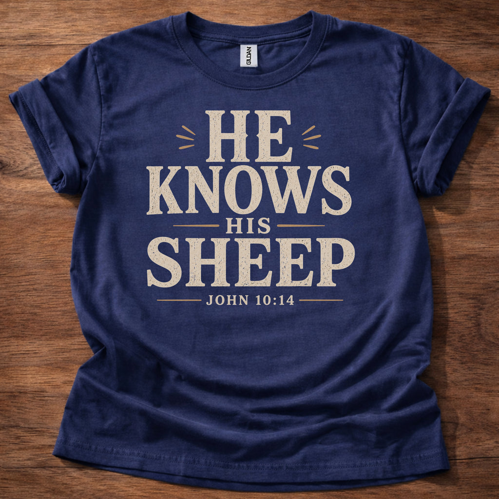 Navy He Knows His Sheep Christian shirt John 10:14 Bible verse t-shirt with vintage typography design