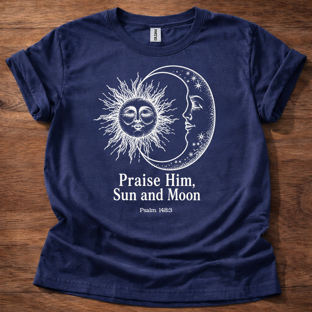 Navy blue t-shirt featuring a sun and moon celestial design with the text “Praise Him, Sun and Moon Psalm 148:3” printed on the front