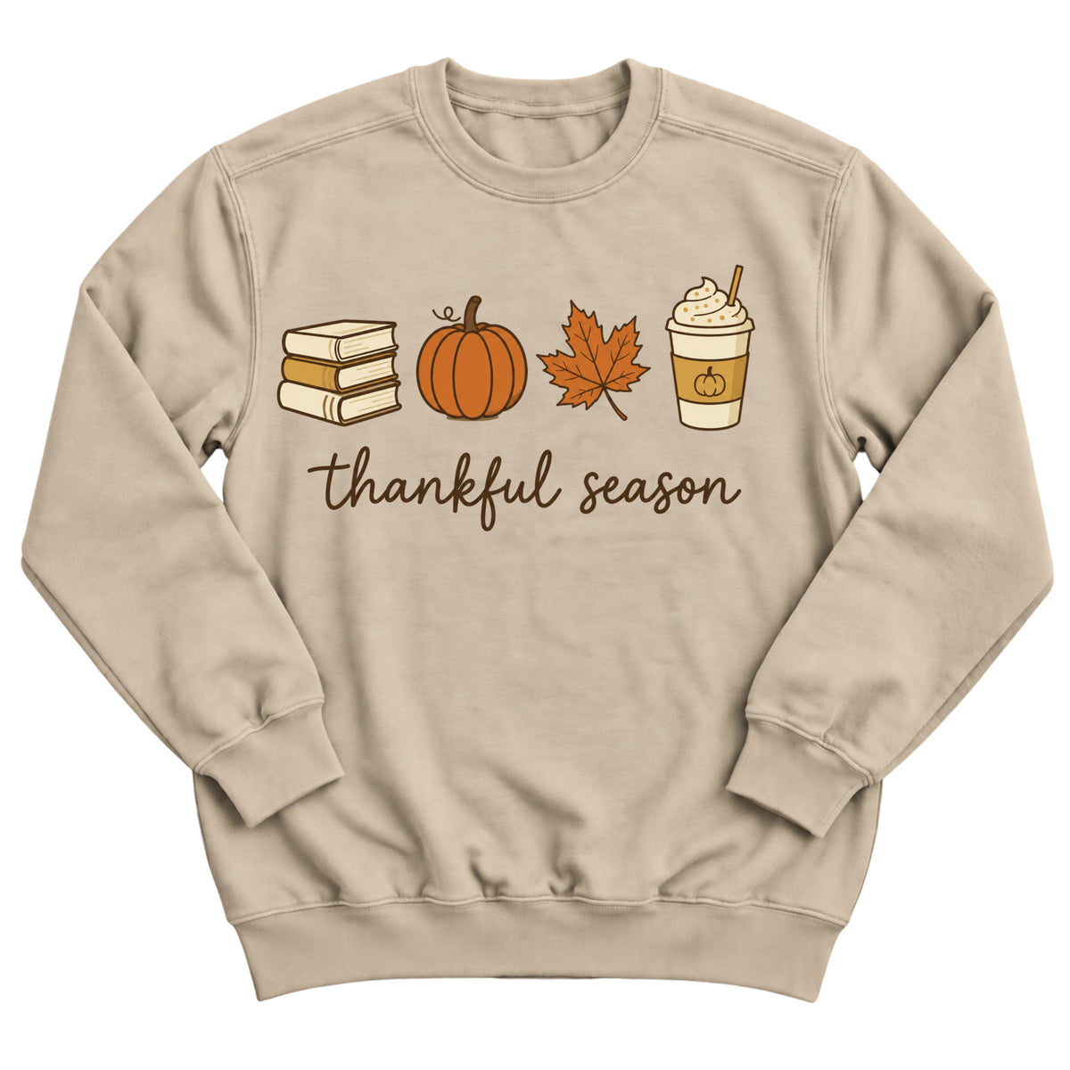 Sand crewneck sweatshirt with autumn icons of stacked books, a pumpkin, a maple leaf, and a pumpkin spice latte above the script words thankful season