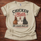 Sand Chicken Math He Counts Them All Christian chicken shirt with three hens graphic on beige t-shirt, Matthew 10:29-31 Bible verse design