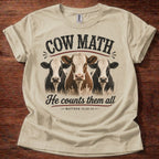 Sand Cow Math He Counts Them All Christian cow shirt with three cows graphic on white t-shirt, Matthew 10:29-31 Bible verse design