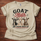 Sand Goat Math He Counts Them All Christian goat shirt with three goats graphic on beige t-shirt, Matthew 10:29-31 Bible verse design