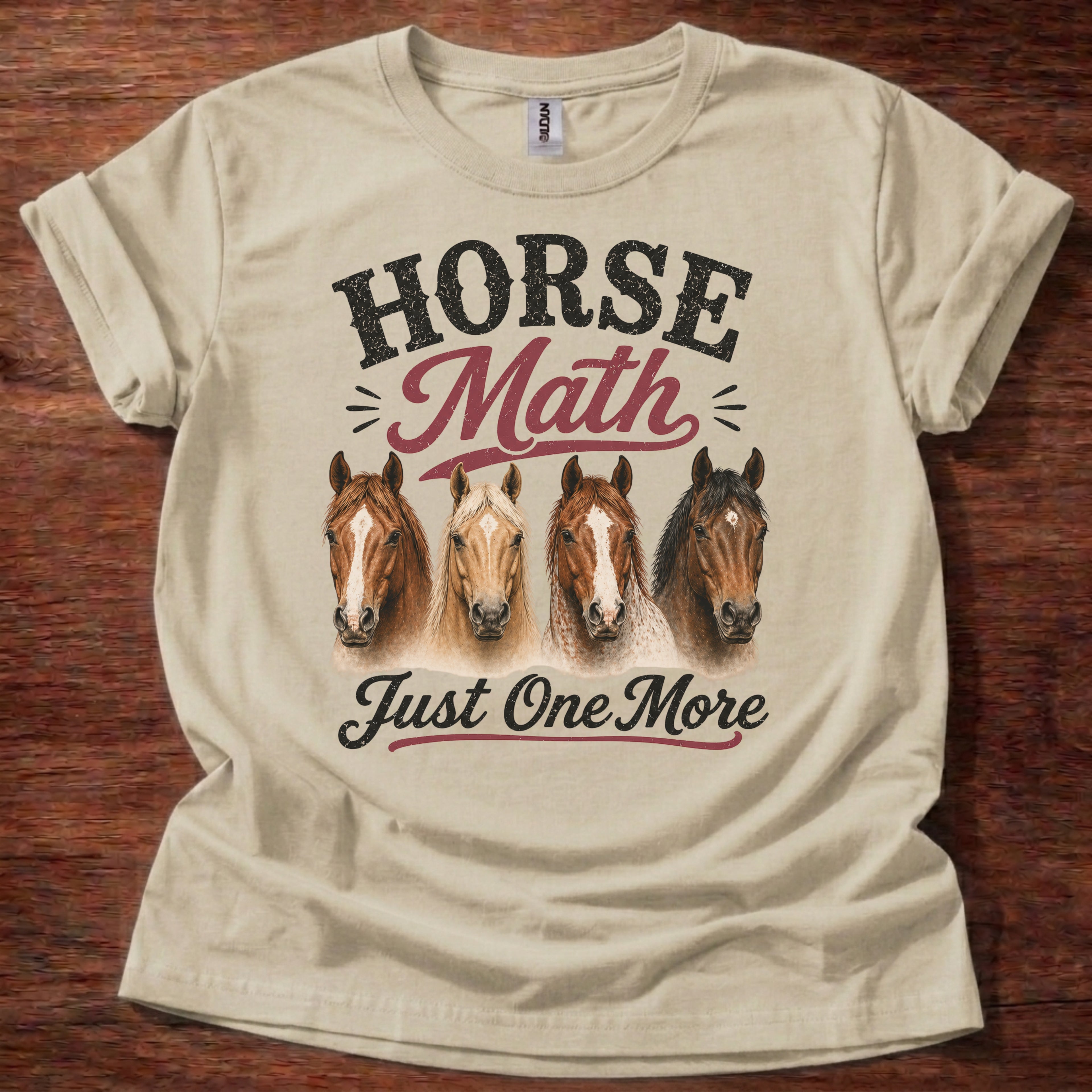 Sand Horse Math Just One More shirt with horse heads graphic on beige t-shirt, funny horse lover barn life design