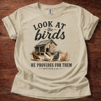 Sand Look at the Birds He Provides for Them Christian chicken shirt with rustic chicken coop graphic on beige t-shirt, Matthew 6:26 Bible verse design