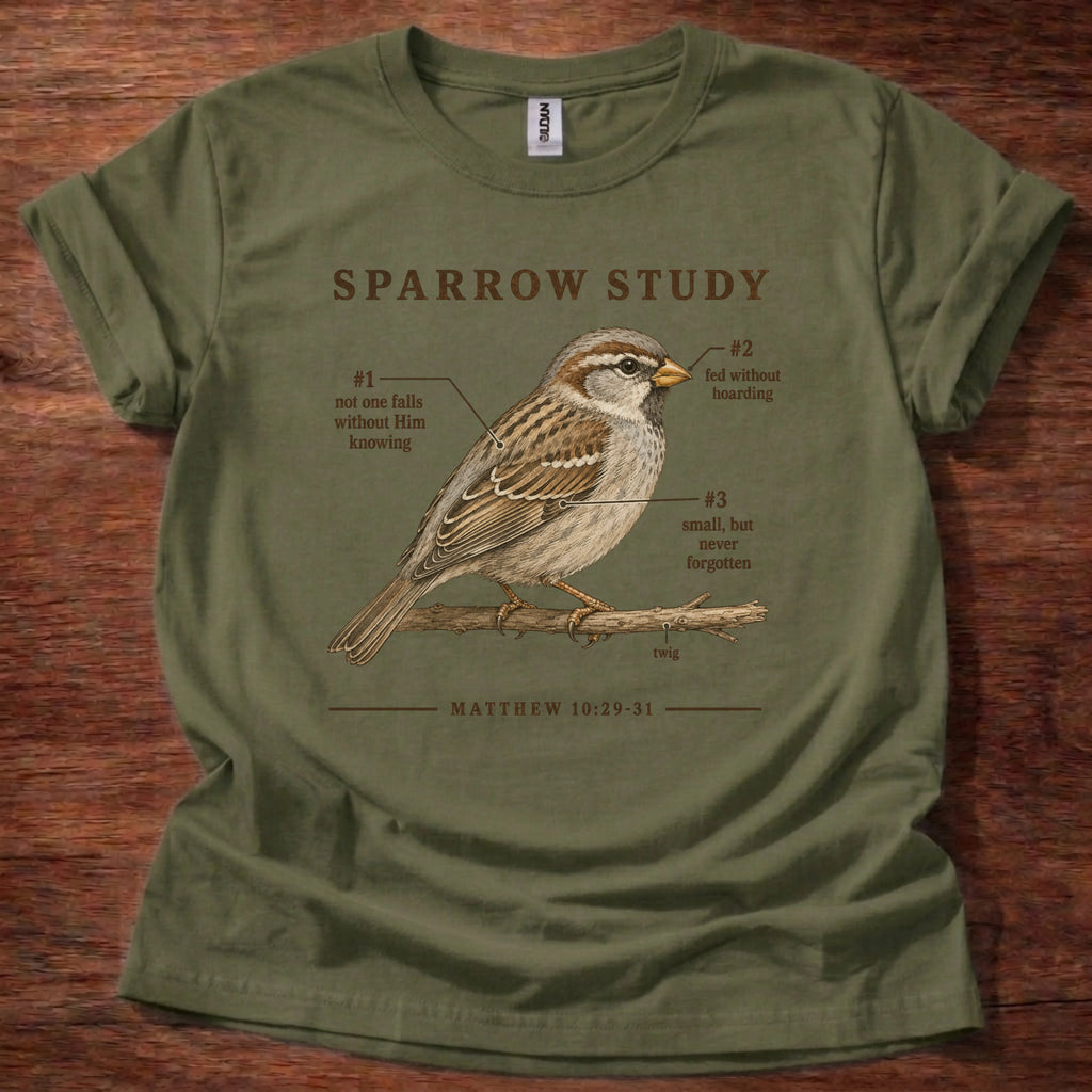 An olive green short-sleeve t-shirt with a brown graphic print of a sparrow perched on a branch, labeled 'SPARROW STUDY' with scripture references and callout lines, laid flat on a dark wood background.