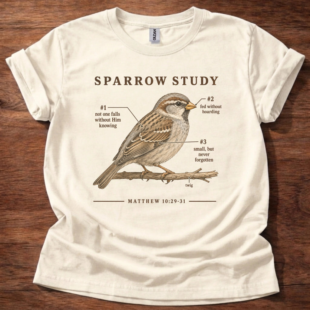 An off-white short-sleeve t-shirt laid flat on a dark wood background, featuring a vintage-style sparrow illustration with the text 'SPARROW STUDY' and biblical reference 'MATTHEW 10:29-31'.