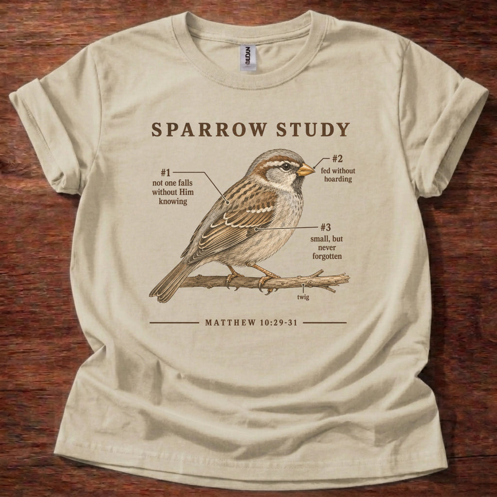 A beige short-sleeve crewneck t-shirt featuring a vintage-style brown graphic of a sparrow perched on a branch with text labels and the Bible verse Matthew 10:29-31, displayed flat on a dark wood background.