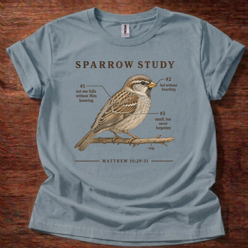 A light blue crewneck t-shirt laid flat on a dark wood background, featuring a detailed graphic of a sparrow perched on a branch with text labels and the words 'SPARROW STUDY' and 'MATTHEW 10:29-31'.