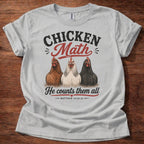 Sport Grey Chicken Math He Counts Them All Christian chicken shirt with three hens graphic on beige t-shirt, Matthew 10:29-31 Bible verse design