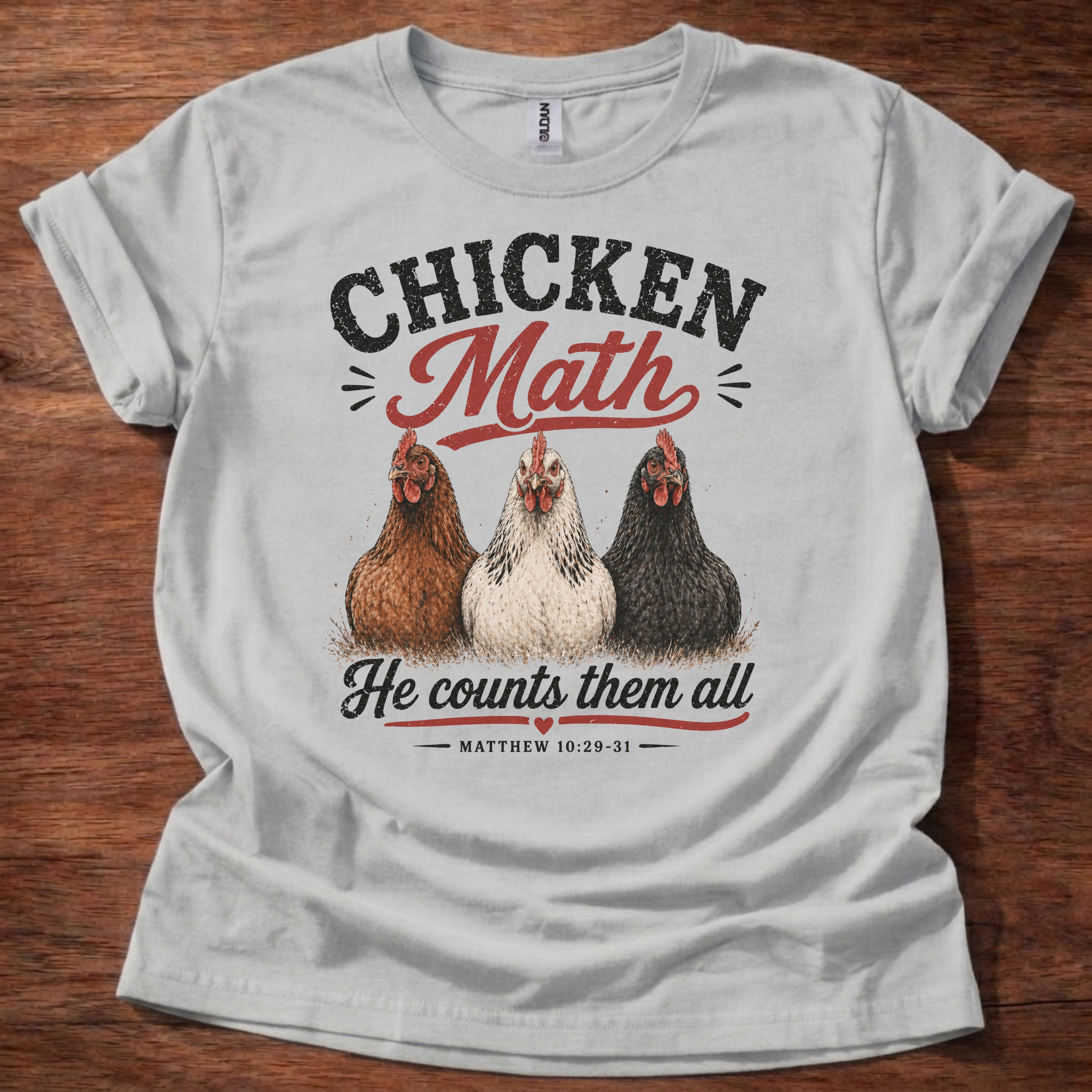 Sport Grey Chicken Math He Counts Them All Christian chicken shirt with three hens graphic on beige t-shirt, Matthew 10:29-31 Bible verse design