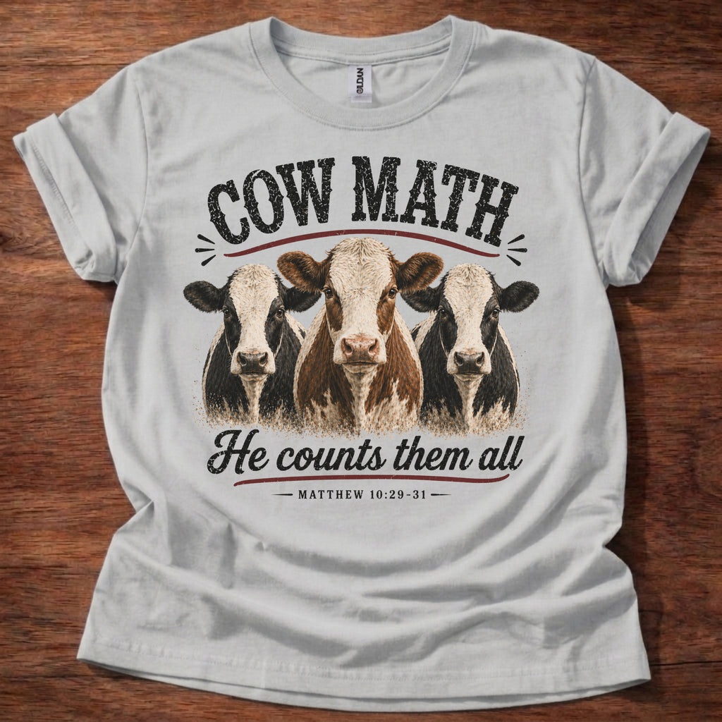 Sport Grey Cow Math He Counts Them All Christian cow shirt with three cows graphic on white t-shirt, Matthew 10:29-31 Bible verse design
