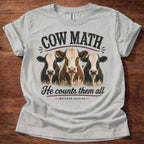 Sport Grey Cow Math He Counts Them All Christian cow shirt with three cows graphic on white t-shirt, Matthew 10:29-31 Bible verse design