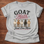 Sport Grey Goat Math Just One More shirt with multiple goats graphic on beige t-shirt, funny goat lover farm life design