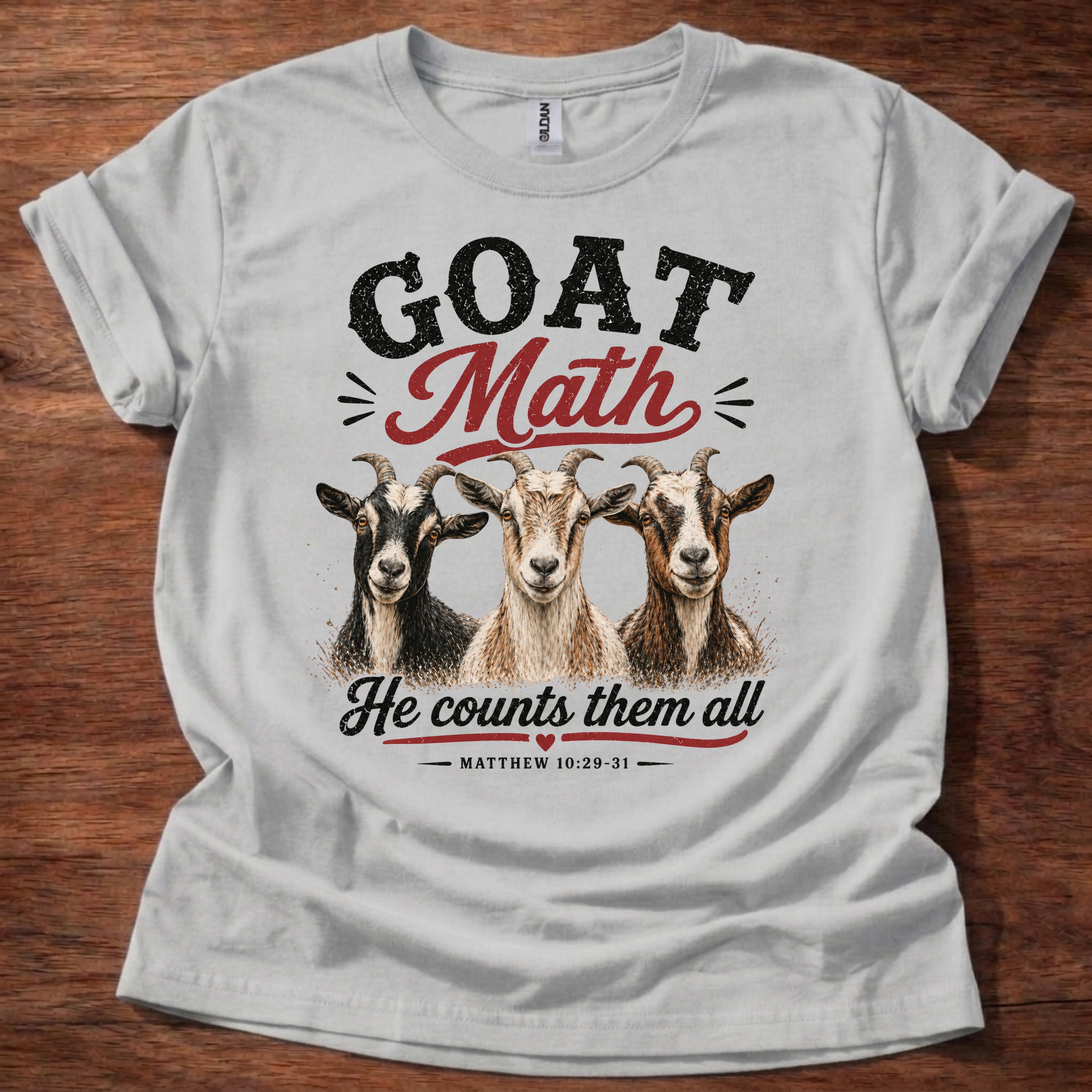 Sport Grey Goat Math He Counts Them All Christian goat shirt with three goats graphic on beige t-shirt, Matthew 10:29-31 Bible verse design
