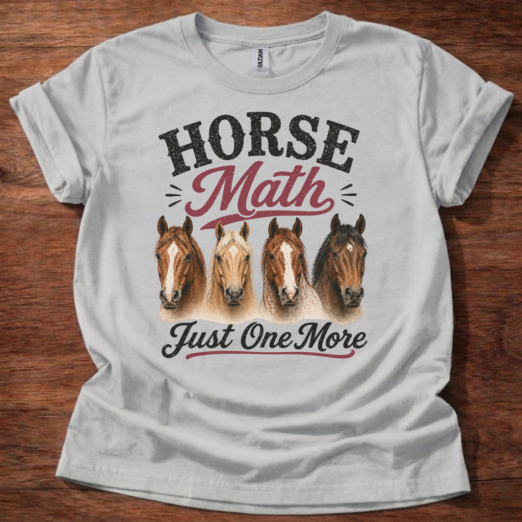 Sport Grey Horse Math Just One More shirt with horse heads graphic on beige t-shirt, funny horse lover barn life design