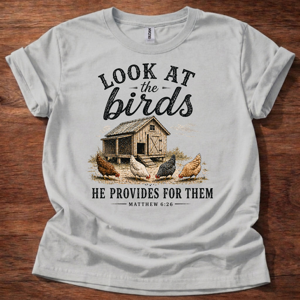 Sport Grey Look at the Birds He Provides for Them Christian chicken shirt with rustic chicken coop graphic on beige t-shirt, Matthew 6:26 Bible verse design