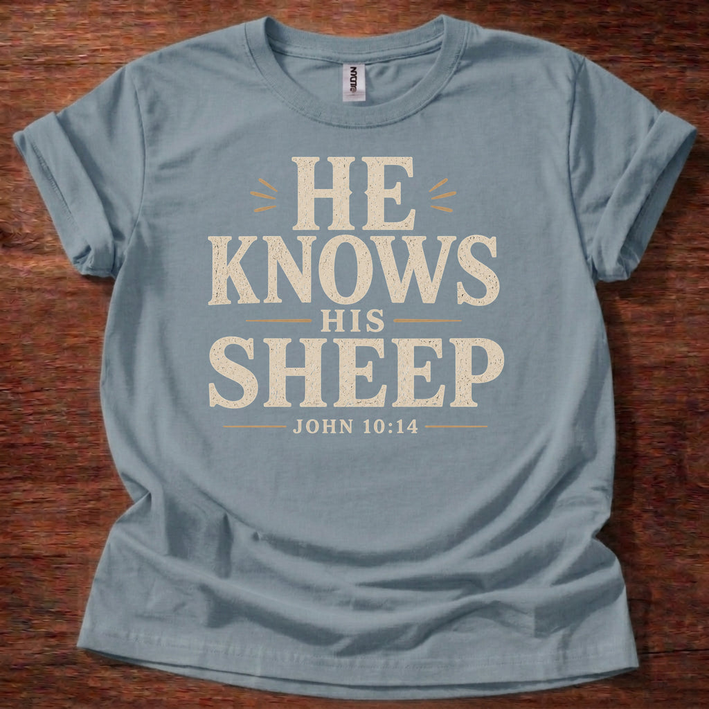Stone Blue He Knows His Sheep Christian shirt John 10:14 Bible verse t-shirt with vintage typography design