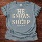 Stone Blue He Knows His Sheep Christian shirt John 10:14 Bible verse t-shirt with vintage typography design