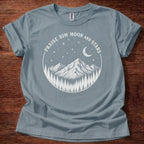Stone Blue Christian t-shirt with mountain moon and stars design reading Praise Him Moon and Stars Psalm 148:3