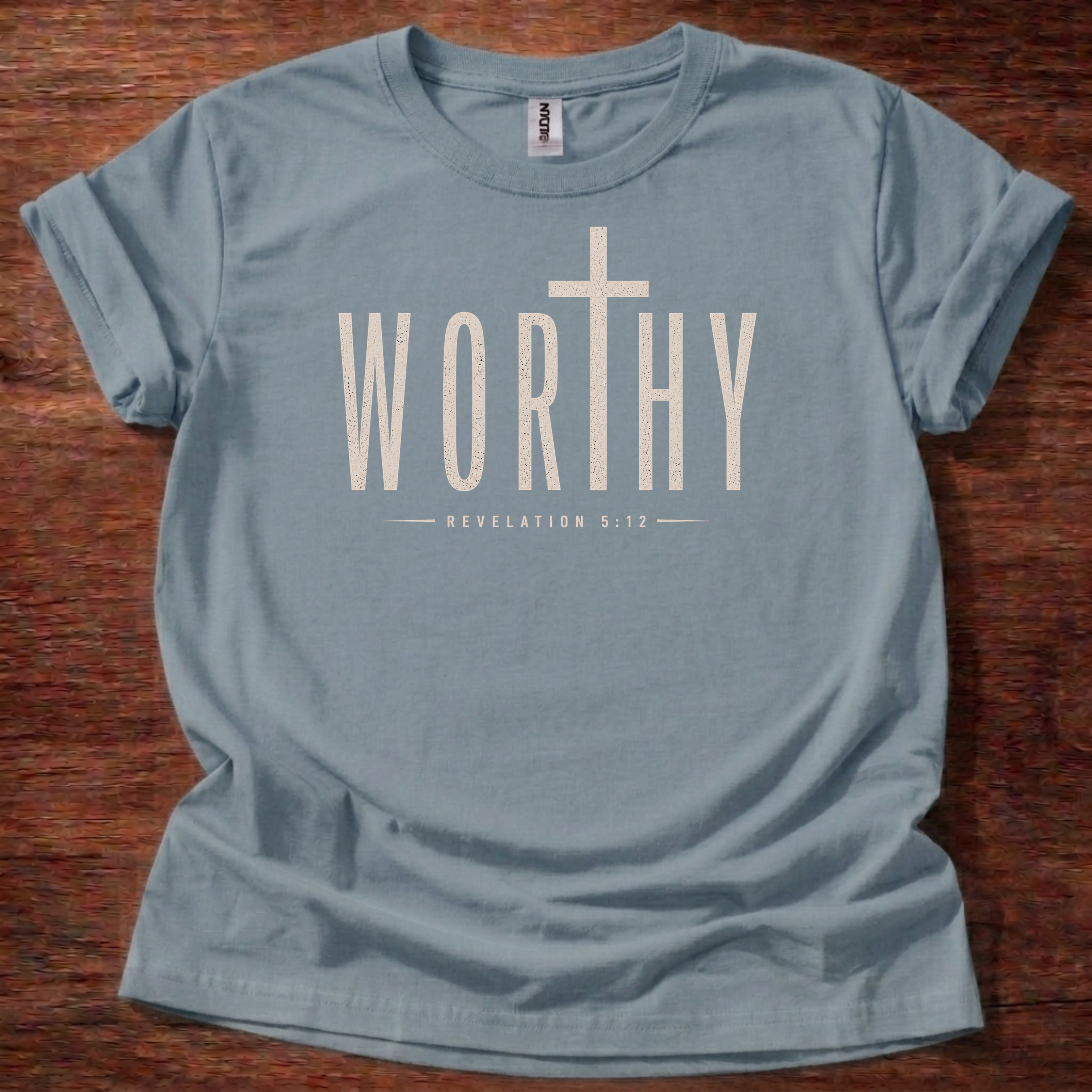 Stone Blue Worthy Christian t-shirt with cross design inspired by Revelation 5:12 worship message