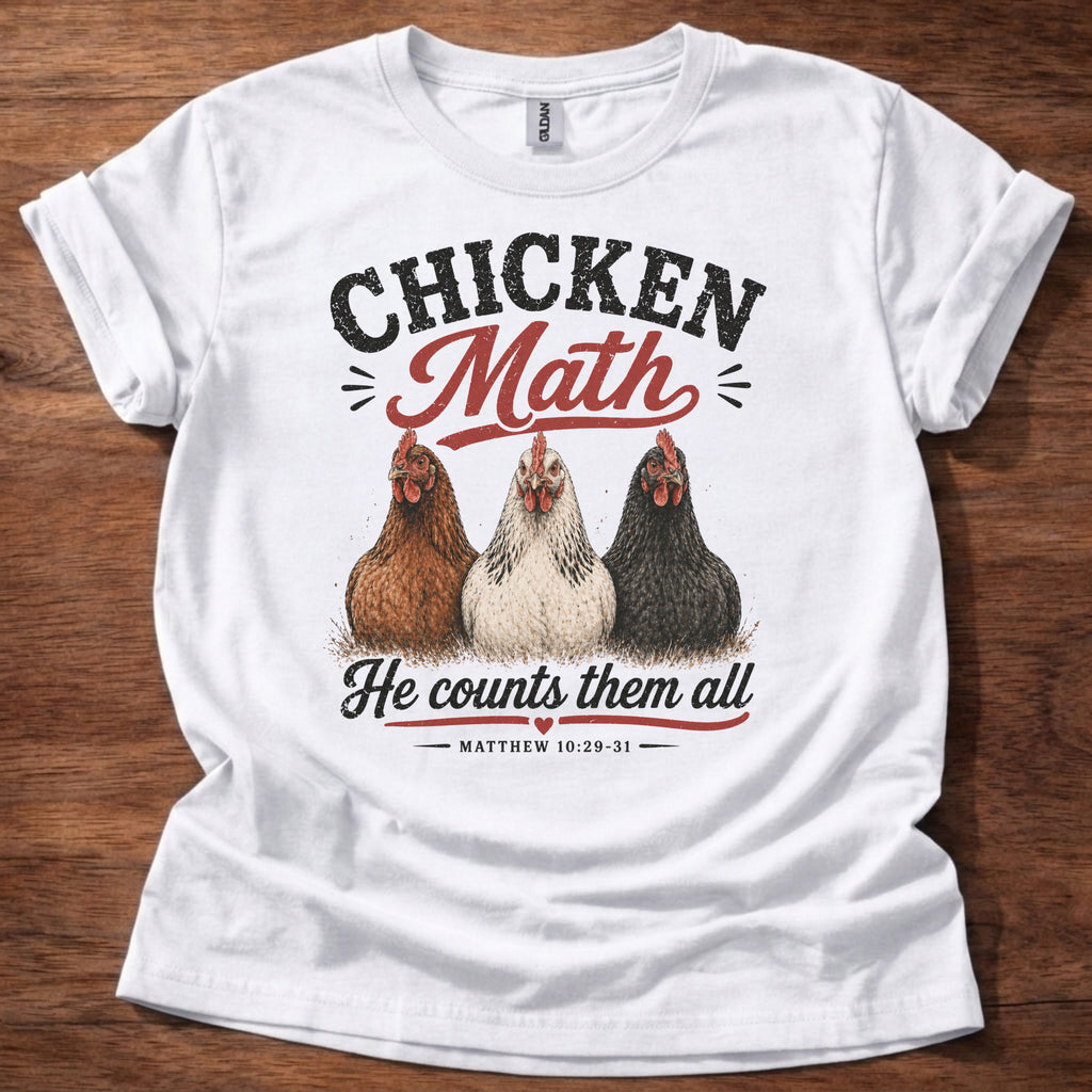White Chicken Math He Counts Them All Christian chicken shirt with three hens graphic on beige t-shirt, Matthew 10:29-31 Bible verse design