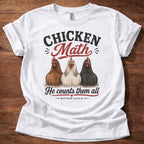 White Chicken Math He Counts Them All Christian chicken shirt with three hens graphic on beige t-shirt, Matthew 10:29-31 Bible verse design