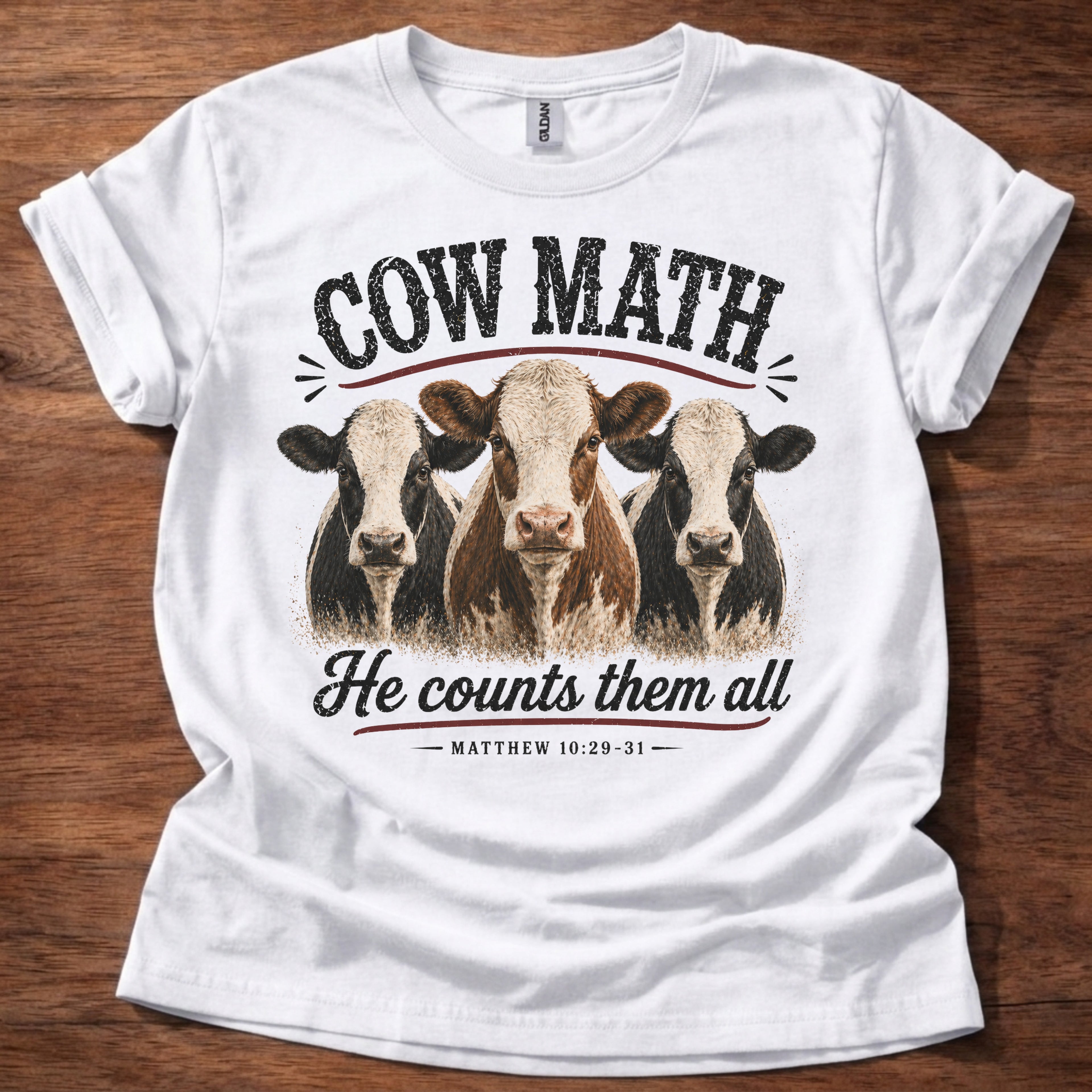 White Cow Math He Counts Them All Christian cow shirt with three cows graphic on white t-shirt, Matthew 10:29-31 Bible verse design