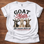 White Goat Math He Counts Them All Christian goat shirt with three goats graphic on beige t-shirt, Matthew 10:29-31 Bible verse design