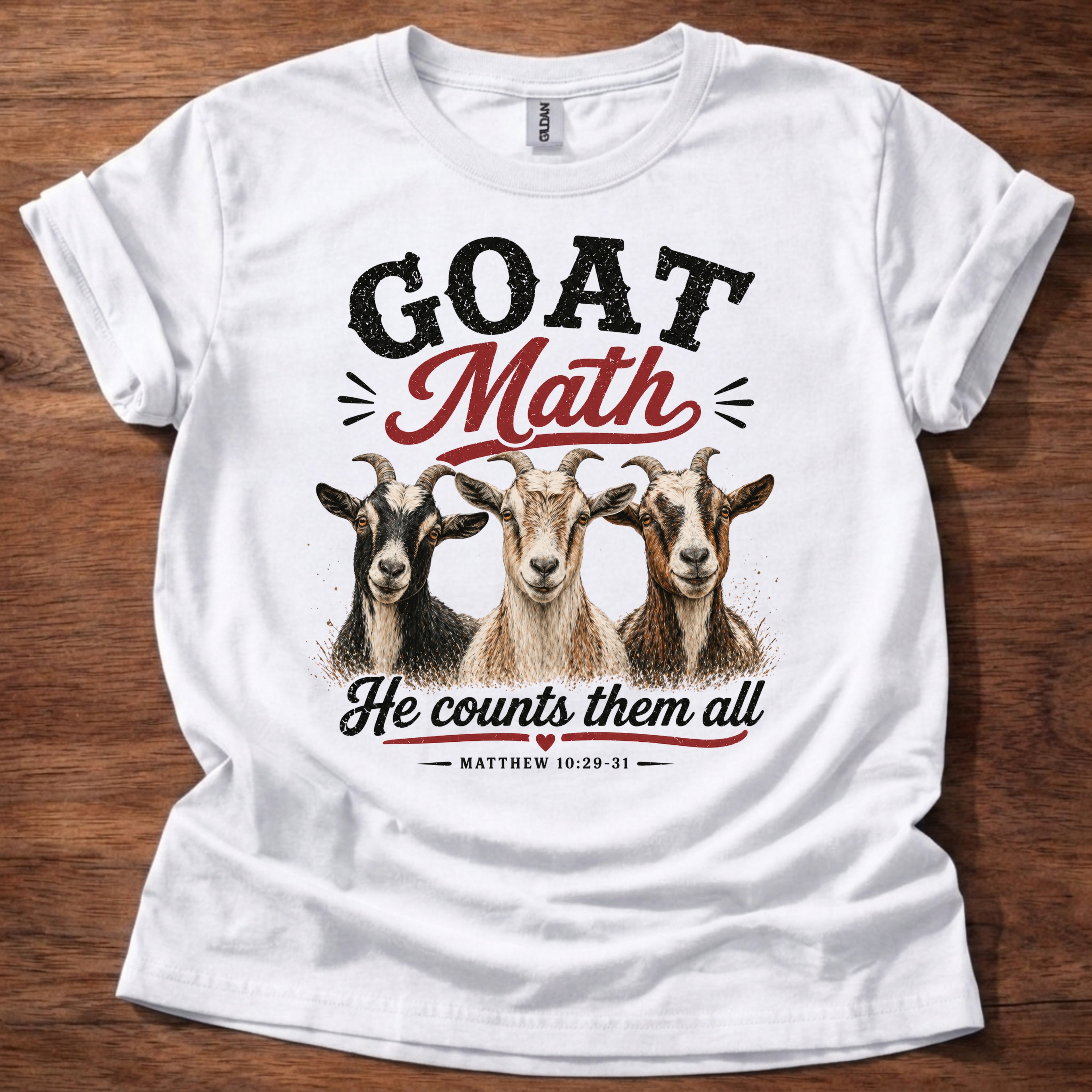 White Goat Math He Counts Them All Christian goat shirt with three goats graphic on beige t-shirt, Matthew 10:29-31 Bible verse design