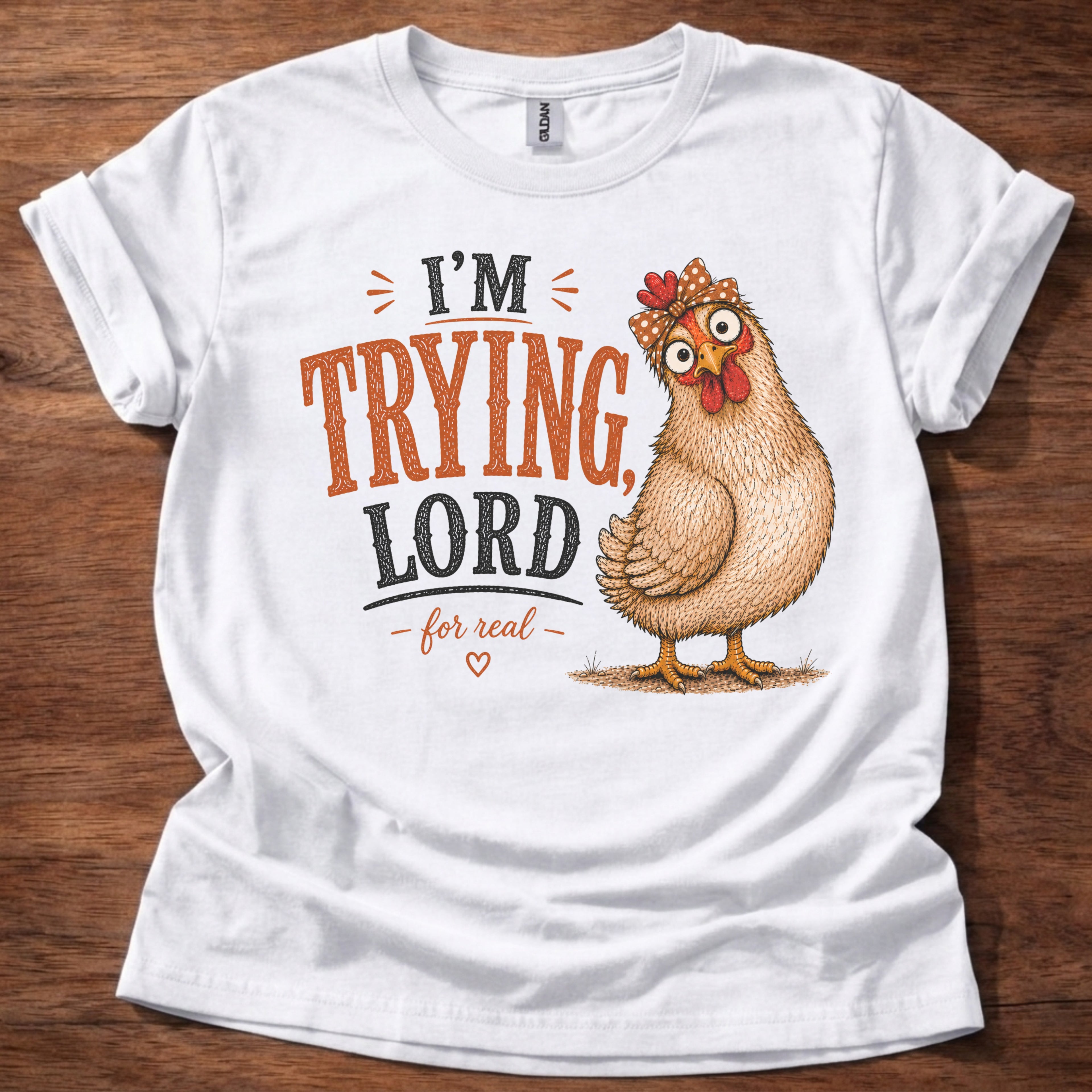 White I’m Trying Lord chicken graphic t-shirt